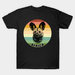 African Wild Dog Close-up on Vintage Retro Africa Sunset T-Shirt